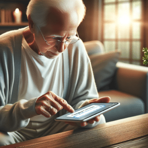 depicting an elderly person engaging with the internet on a mobile device. The scene is set in a comfortable living room, highlighting the growing competence and interest of the senior demographic in digital technology.