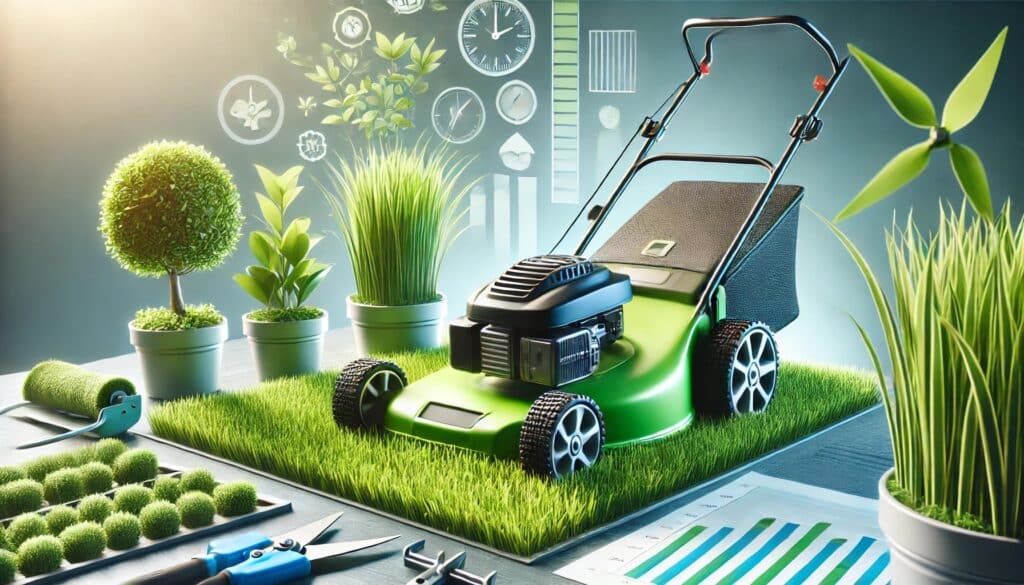 High-quality image of a modern lawnmower mowing lush green grass, symbolising growth and success in the agricultural sector.