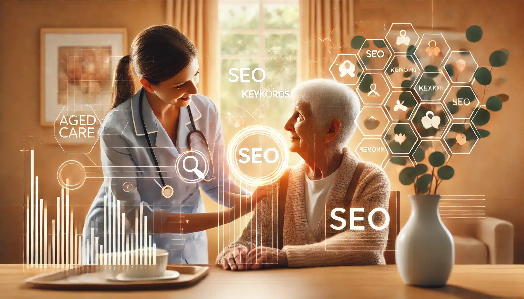 Aged care professional assisting an elderly individual, with digital SEO elements like charts, a search bar, and keywords overlaid, symbolising aged care SEO and digital optimisation in Australia.