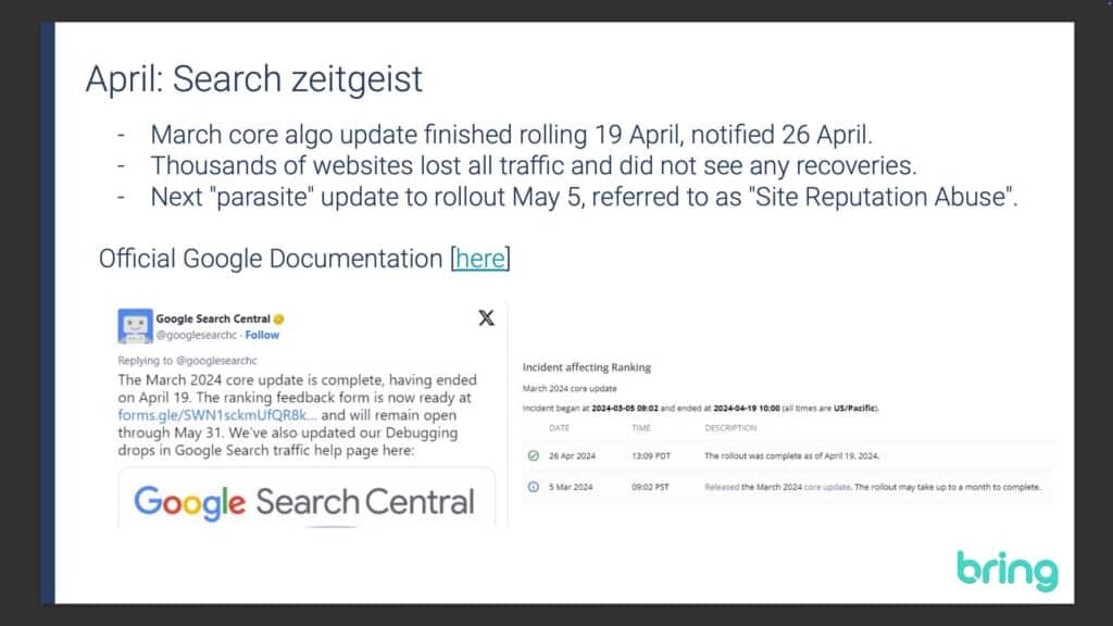 Google Search Central tweet announcing the completion of the March core update and future debugging support.