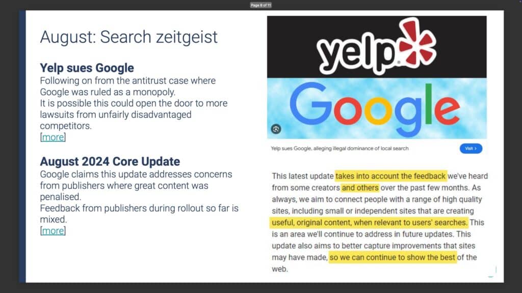 Yelp logo alongside a highlighted excerpt from Google’s announcement on the August 2024 core update.