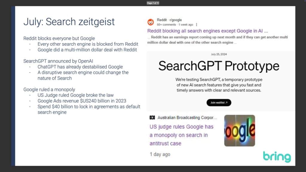 SearchGPT prototype and screenshot of Reddit blocking all search engines except Google