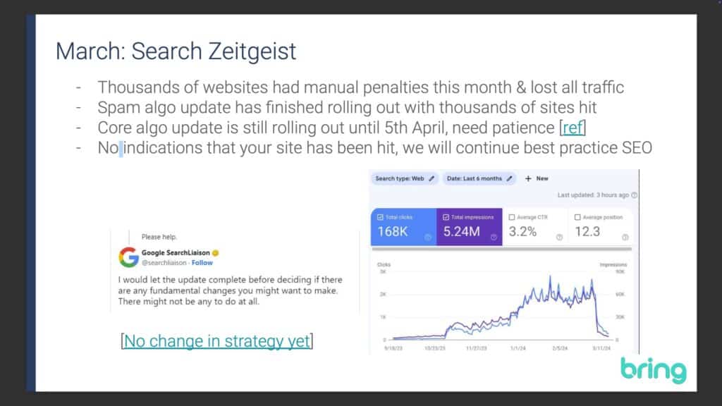 Google search console screenshot showcasing organic traffic trends during the March core algorithm update.