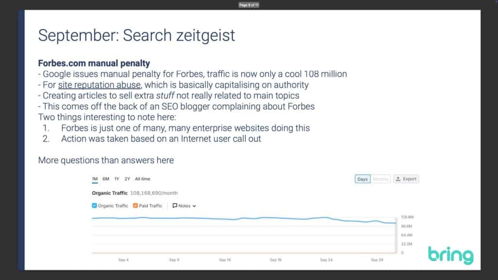 Forbes organic traffic graph showing the sharp decline after Google’s manual penalty for site reputation abuse.