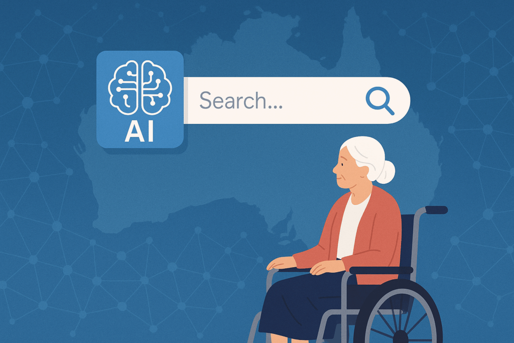 Elderly woman in a wheelchair looking at an AI-powered search bar, with a digital Australia map and network nodes in the background.