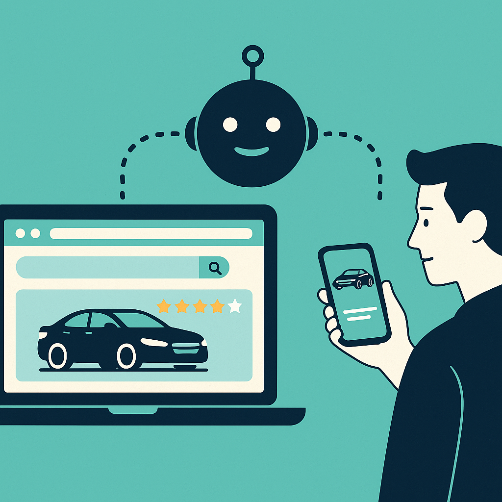 Illustration of a person using a smartphone to view car reviews while an AI chatbot connects to a laptop screen showing a car rating interface.