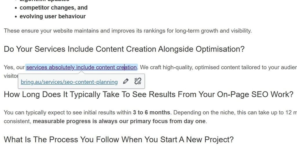 Example of Internal Linking hyperlink in WordPress