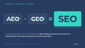Hero graphic showing Google's 15 May 2026 verdict that AEO and GEO are SEO. AEO and GEO struck through, SEO in large teal box, with the Search Central documentation quote beneath.