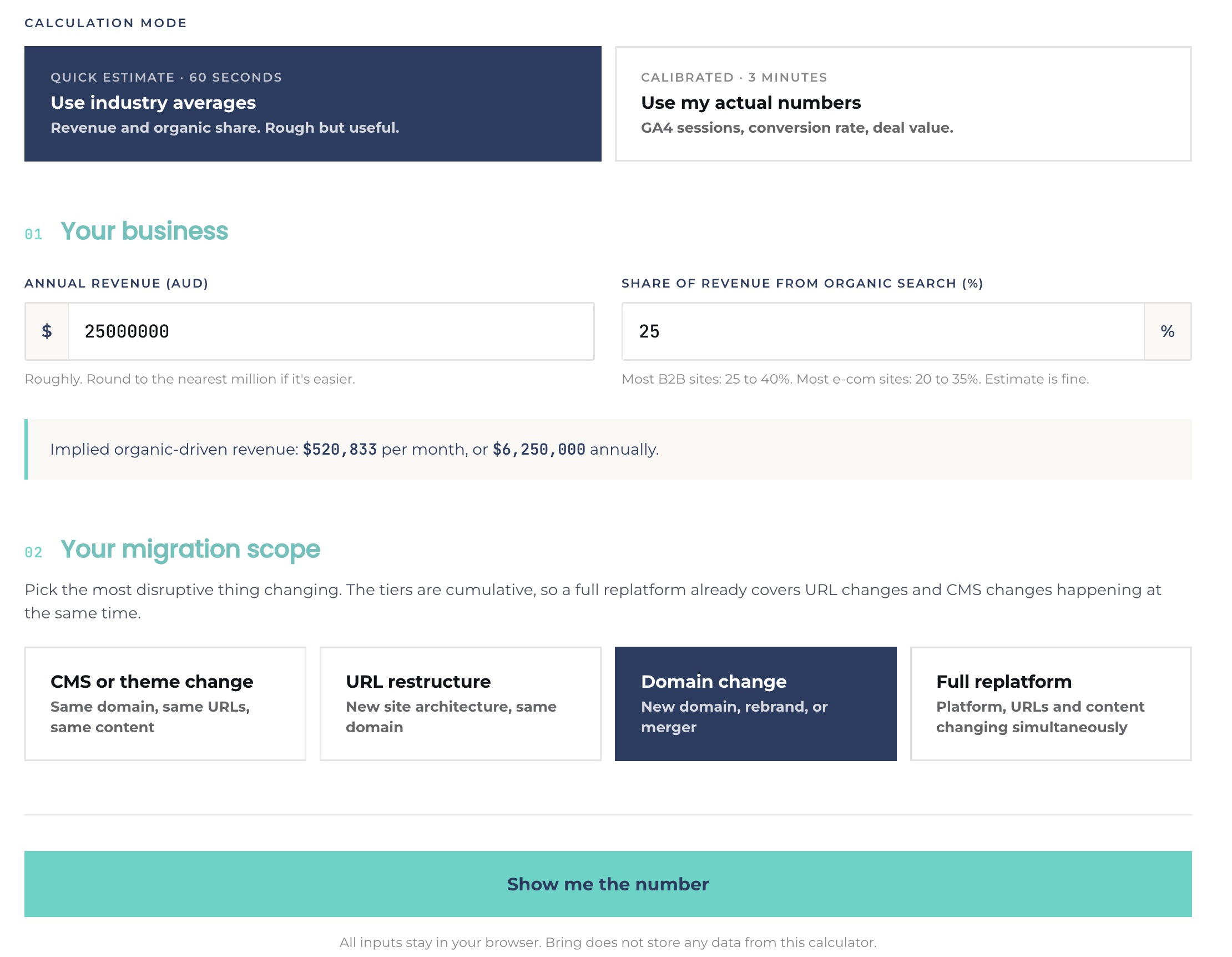 seo migration calculator inputs