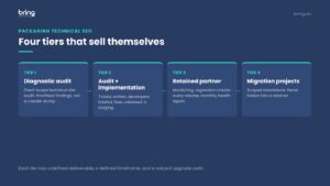 Four-tier packaging model for technical SEO consultancy services, from diagnostic audit to retained technical partner