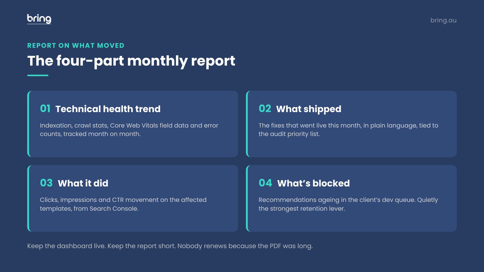 Monthly technical SEO health report structure covering trend, shipped fixes, performance movement and blocked items