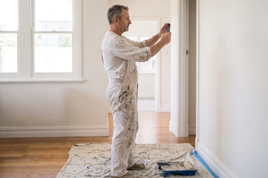 Australian painter brush painting the weatherboards of a suburban home