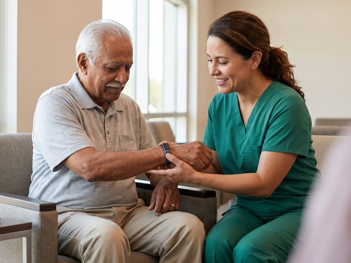 nurse checking elderly patient smartwatch